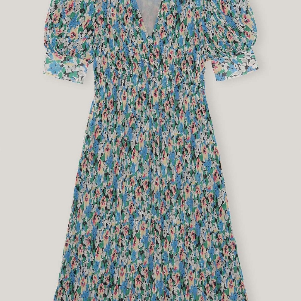Ganni V Neck Dress in Floral Azure Pleated Georgette Size 10/12